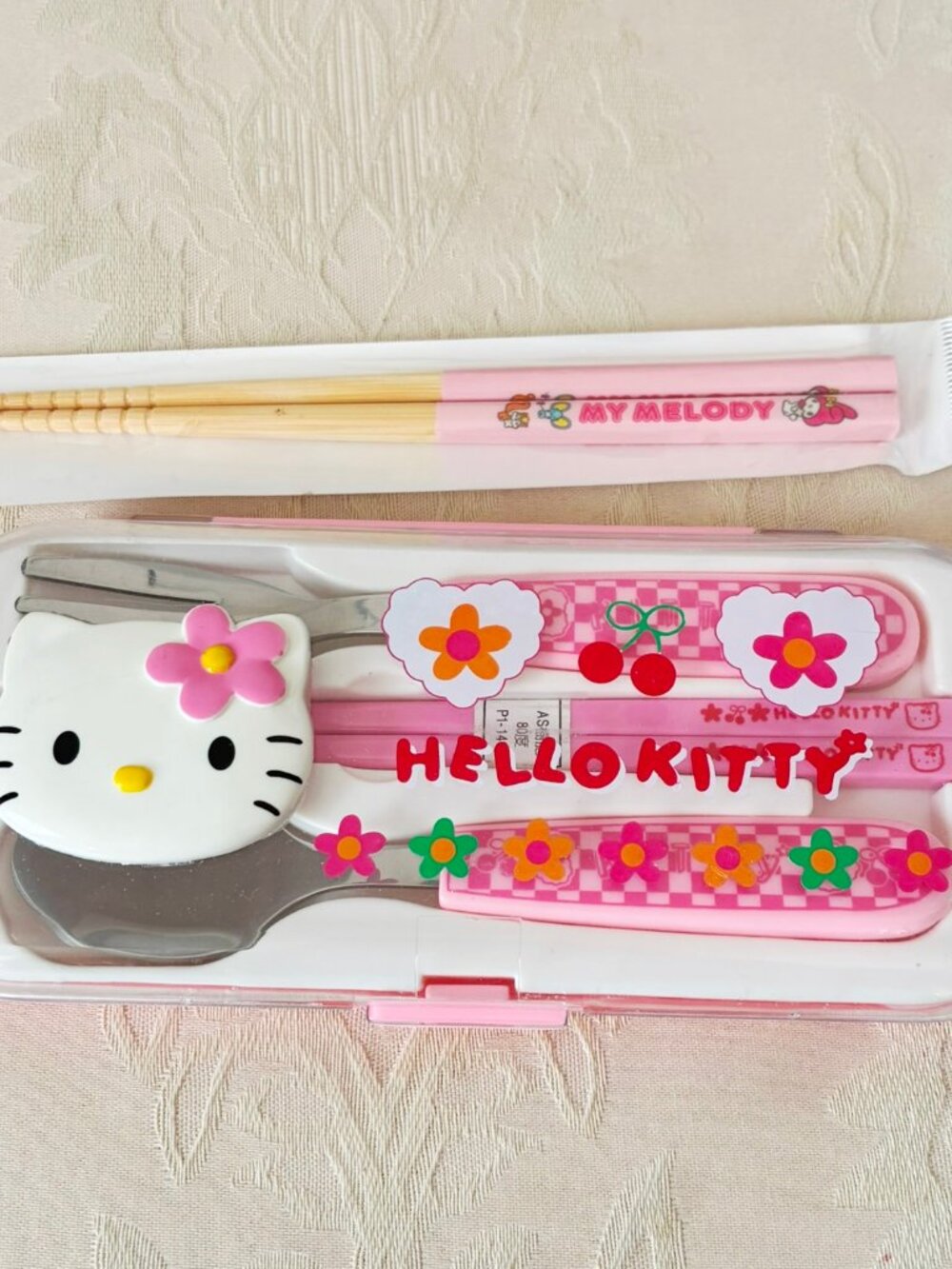 Sanrio Japan Pink Hello Kitty utencil set My Melody Chopsticks Fork Spoon Case